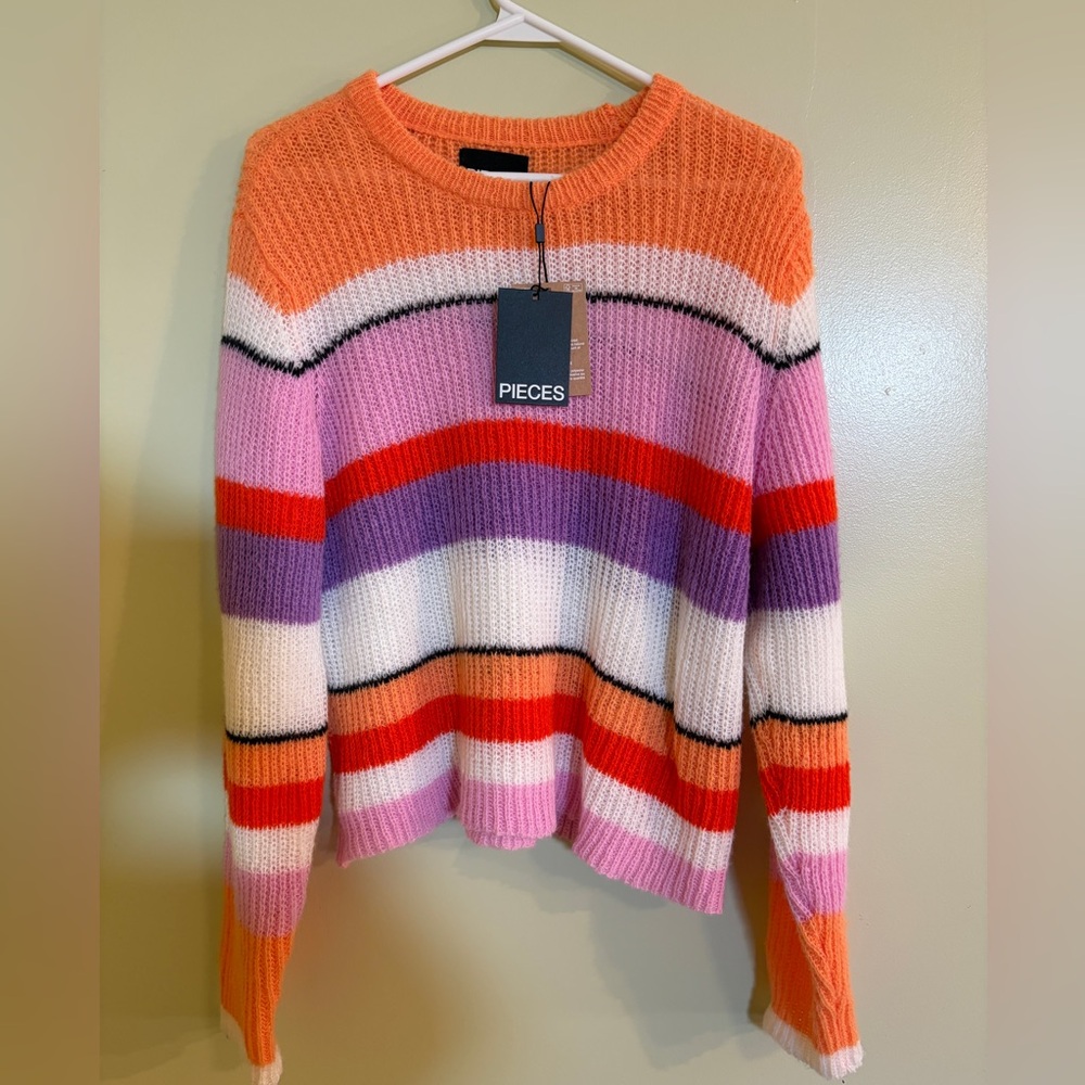 PIECES Orange Multicolor Striped Crewneck Sweater